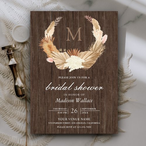 Rustic Wood Pampas Wreath Dried Palm Bridal Shower Invitation