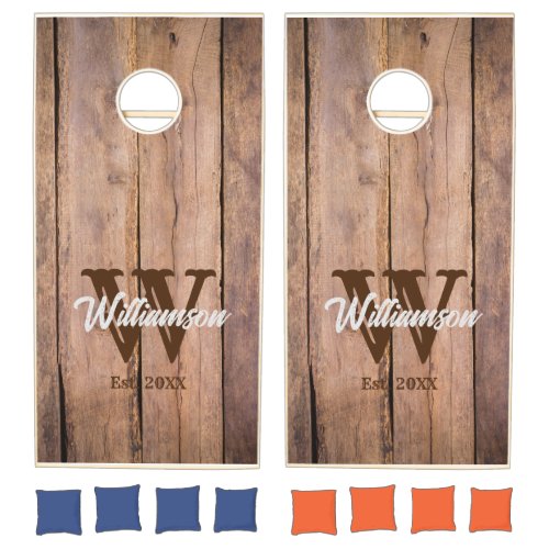 Rustic Wood Panel Wooden Stripes Custom Monogram Cornhole Set