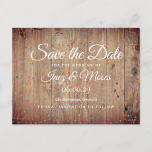 Rustic Wood Panels Rainbow Confetti Save the Date Announcement Postcard