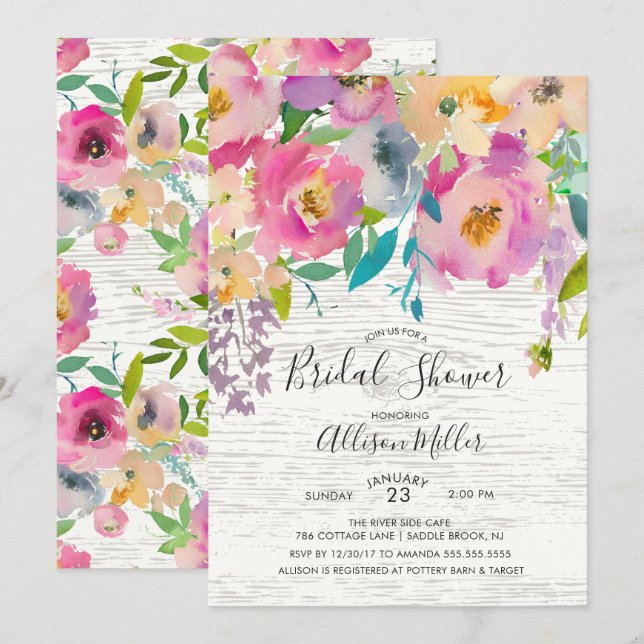Rustic Wood Pastel Floral Bridal Shower Invitation (Front/Back)
