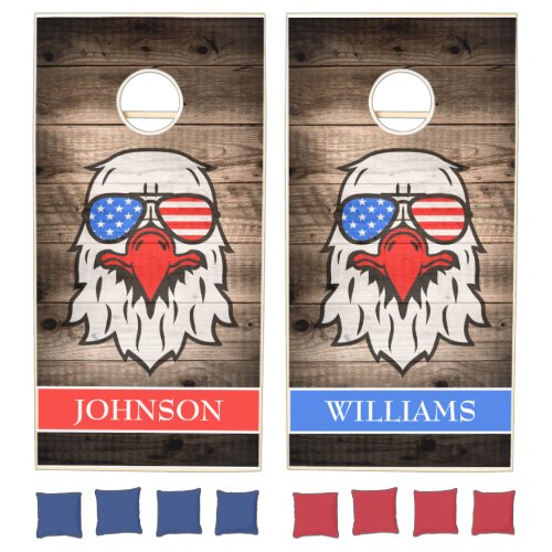 Rustic Wood Patriotic Bald Eagle American Flag Cornhole Set