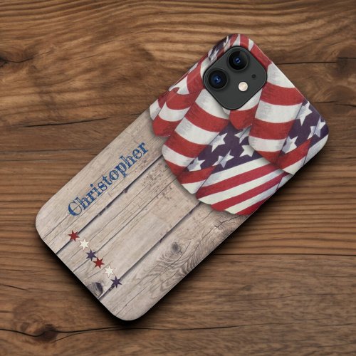 Rustic Wood Patriotic Red White Custom Name Case_M iPhone 11 Case