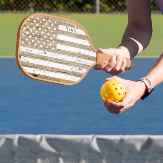 Rustic Wood Patriotic USA Flag Personalized Pickleball Paddle (Insitu)