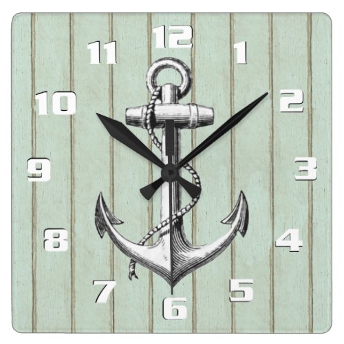 Rustic Wood Pattern and Vintage Anchor Nautical Square Wall Clock