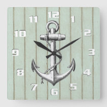 Rustic Wood Pattern and Vintage Anchor Nautical Square Wall Clock