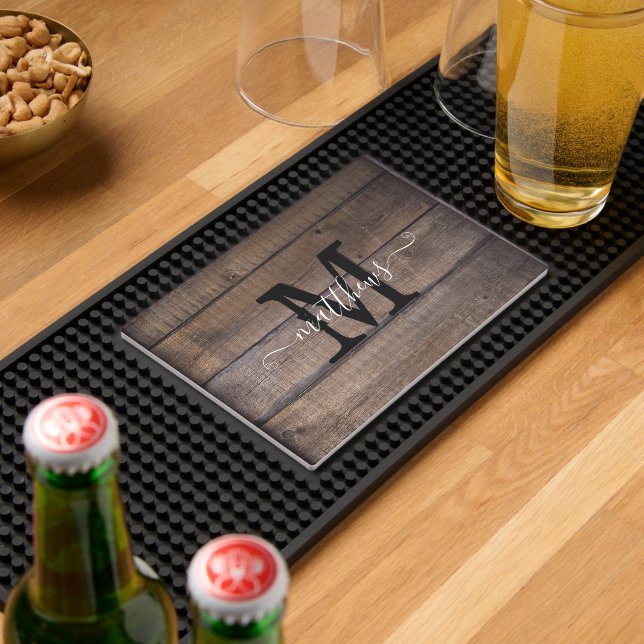 Rustic Wood Pattern Farmhouse Monogram Script Name Bar Mat (Insitu (Bar 2))