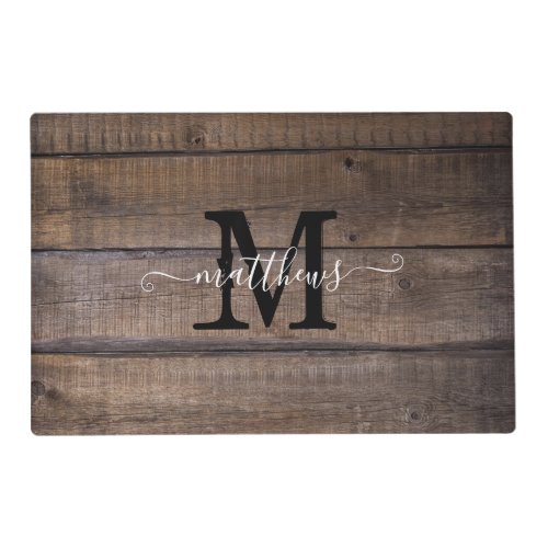 Rustic Wood Pattern Farmhouse Monogram Script  Placemat