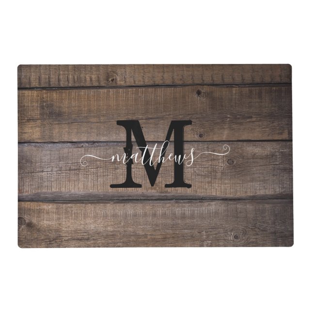 Rustic Wood Pattern Farmhouse Monogram Script  Placemat (Front)
