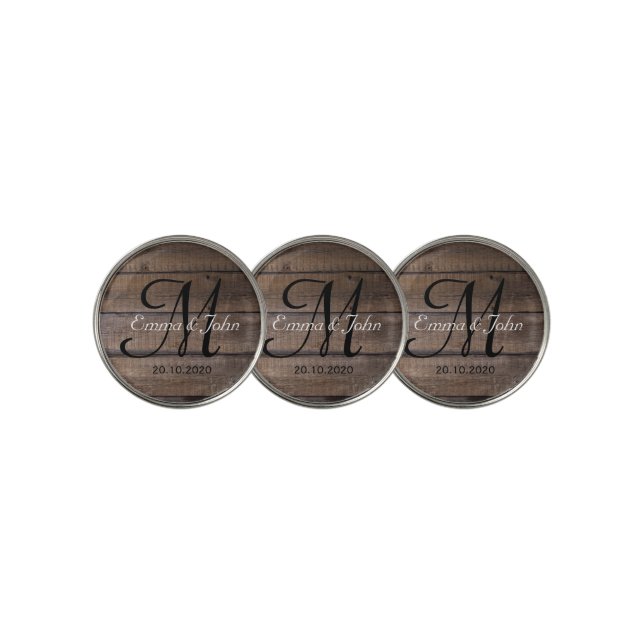 Rustic Wood Pattern Monogram Script Name Date   Golf Ball Marker (3 Up)