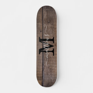 Rustic Wood Pattern Monogram Script Name Skateboard