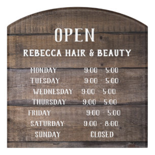 Rustic Wood Pattern Salon Retail Open Store Hours Door Sign