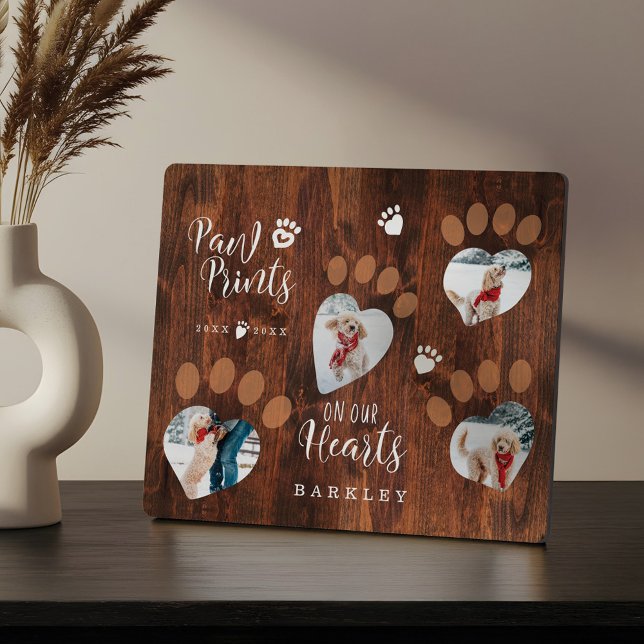 Rustic Wood Paw Prints on Our Hearts Photo Memory Plaque (Rustic Wood Paw Prints on Our Hearts Photo Memory Plaque)