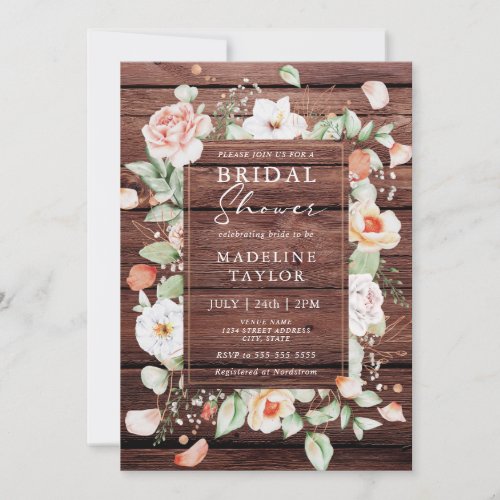 Rustic Wood  Peach Floral Border Bridal Shower  Invitation