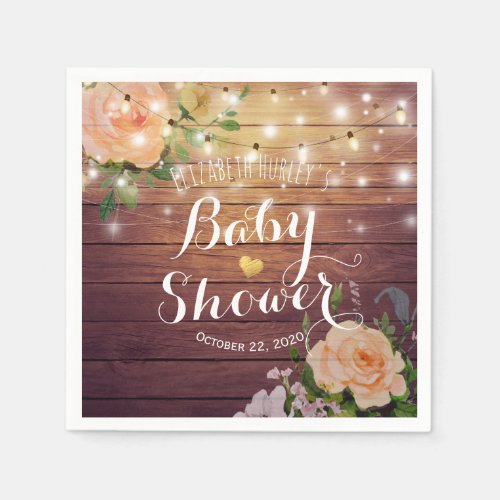 Rustic Wood Peach Floral String Lights Baby Shower Paper Napkins