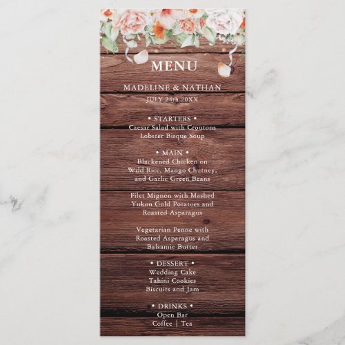 Rustic Wood  Peach Floral Wedding Dinner Menu