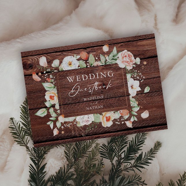 Rustic Wood & Peach Floral Wedding Guest Book (Creator Uploaded)