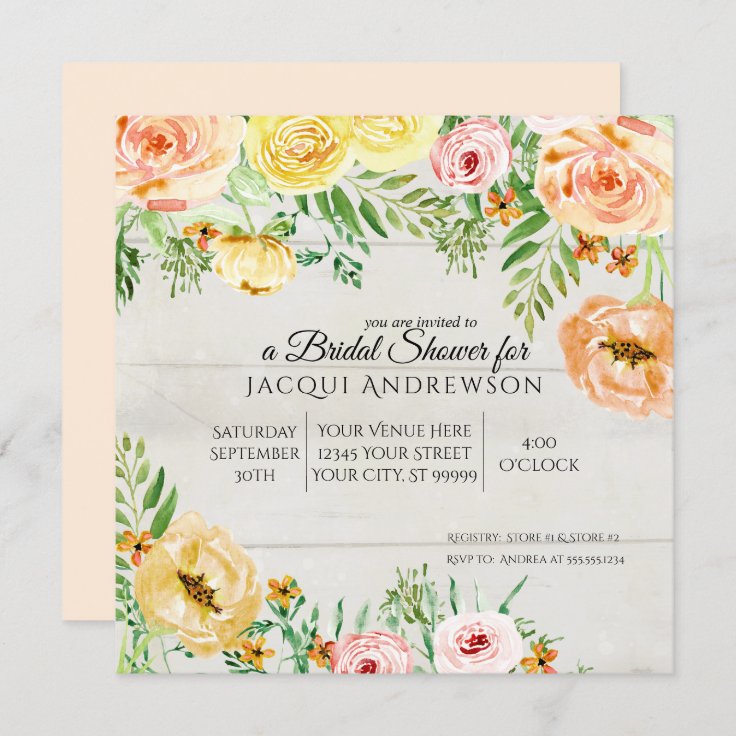 Rustic Wood Peach Orange Rose Floral Bridal Shower Invitation | Zazzle