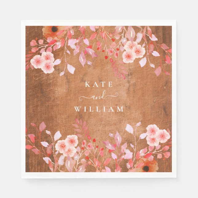 Rustic Wood Peach Wildflowers Floral Wedding Napkins (Front)