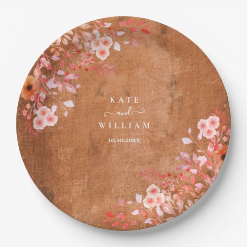 Rustic Wood Peach Wildflowers Floral Wedding Paper Plates