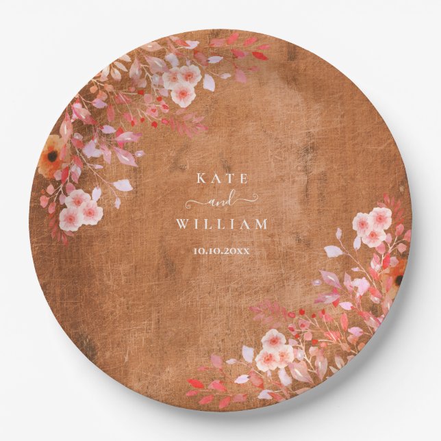 Rustic Wood Peach Wildflowers Floral Wedding Paper Plates (Front)
