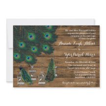Rustic Wood Peacock Feather Wedding Invitations