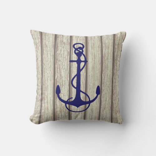 Rustic Wood Peeling White Paint  Blue Boat Anchor Throw Pillow