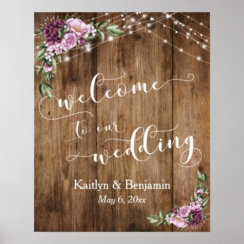 Rustic Wood Peonies  Lights Wedding Welcome Poster