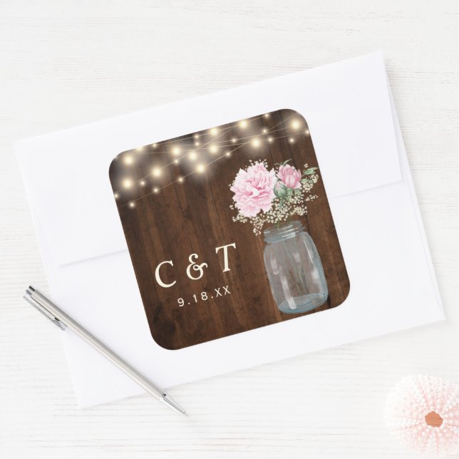 Rustic Wood Peony Floral Mason Jar | Square Sticker (Envelope)
