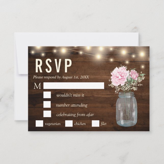Rustic Wood Peony Floral Mason RSVP Meal Invitation (Front)