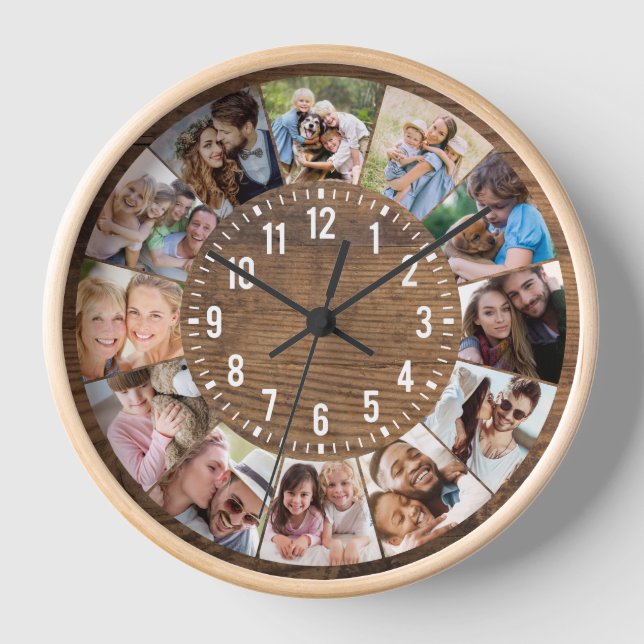 Rustic Wood Personalized 12 Photo Collage Clock (Front)