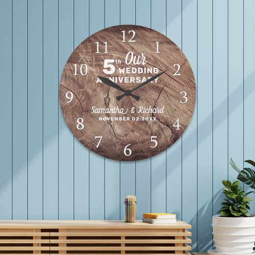 Rustic Wood Personalized 5th Wedding Anniversary  Large Clock