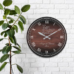 Rustic Wood Personalized Anniversary  Large Clock<br><div class="desc">Fun,  personalized design.  Makes the perfect gift for an anniversary or for the newlywed's housewarming party as well. A pretty faux wood background,  with a lovely sentiment that reads "the love we share is destined to age unto perfection",  along with the couple's first names and wedding date.</div>