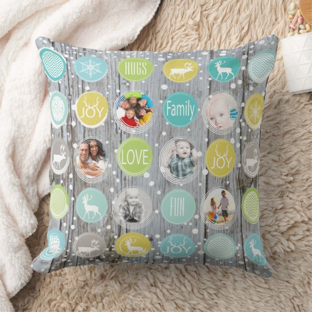 Rustic Wood Personalized Christmas Photo Throw Pillow (Blanket)