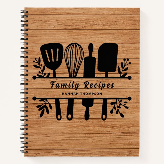 Rustic Wood Personalized Cookbook Family Recipes Notebook (Front)