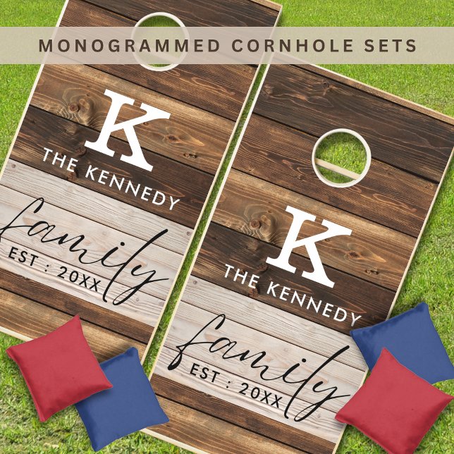 Rustic Wood Personalized Family Name Monogram Cornhole Set (Distinctive Rustic Wood, Monogrammed Cornhole Set for Outdoors personalized with family name.)