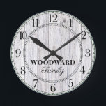 Rustic Wood Personalized Family Name  Round Clock<br><div class="desc">A rustic modern white washed barn wood shiplap monogrammed family name wall clock. Great for your rustic or farm style home or cabin.</div>