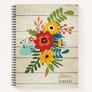 Rustic Wood Personalized Name Colorful Floral Notebook