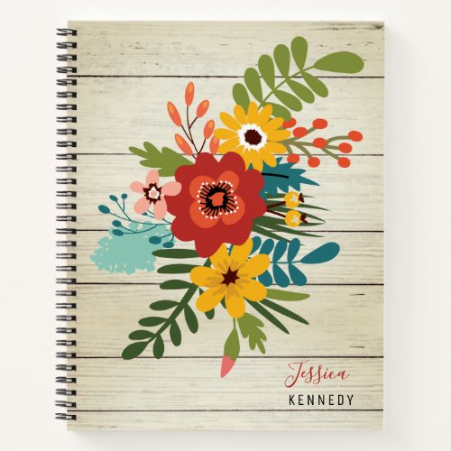  Rustic Wood Personalized Name  Colorful Floral Notebook