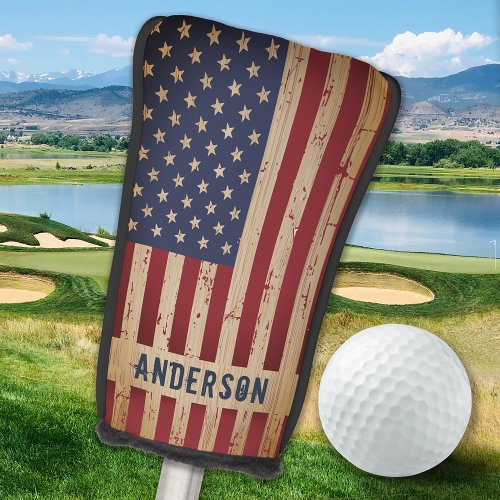 Rustic Wood Personalized Patriotic American Flag Golf Head Cover