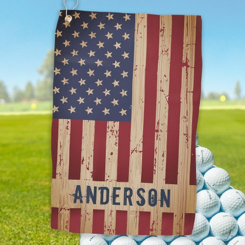 Rustic Wood Personalized Patriotic American Flag Golf Towel