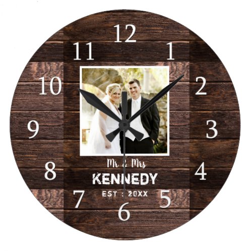 Rustic Wood Personalized Photo Wedding Anniversary Large Clock