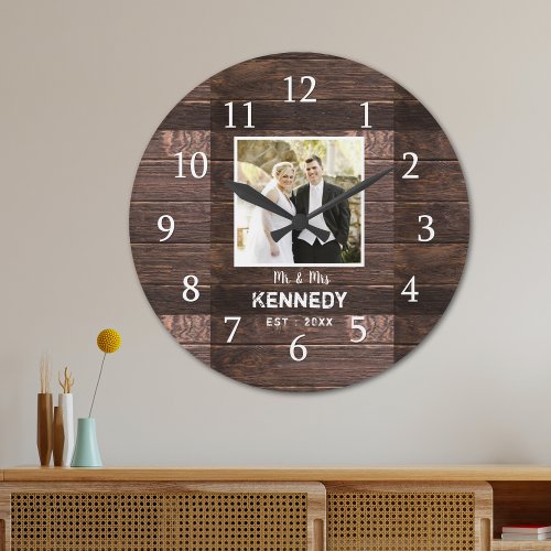 Rustic Wood Personalized Photo Wedding Anniversary Large Clock