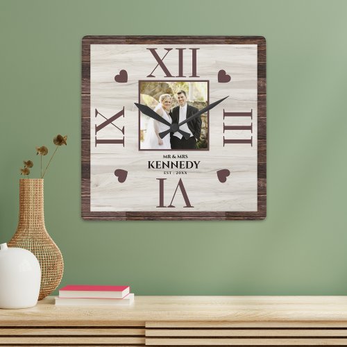 Rustic Wood Personalized Photo Wedding Anniversary Square Wall Clock