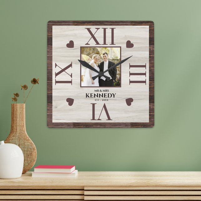 Rustic Wood Personalized Photo Wedding Anniversary Square Wall Clock (Rustic Wood Personalized Photo Wedding Anniversary Square Wall Clock)