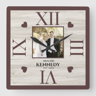 Rustic Wood Personalized Photo Wedding Anniversary Square Wall Clock