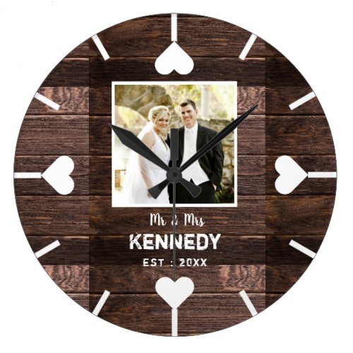Rustic Wood Personalized Wedding Anniversary Photo Large Clock