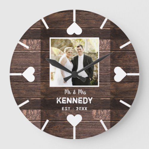 Rustic Wood Personalized Wedding Anniversary Photo Large Clock