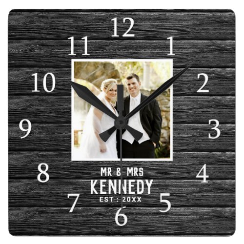 Rustic Wood Personalized Wedding Anniversary Photo Square Wall Clock