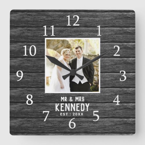 Rustic Wood Personalized Wedding Anniversary Photo Square Wall Clock