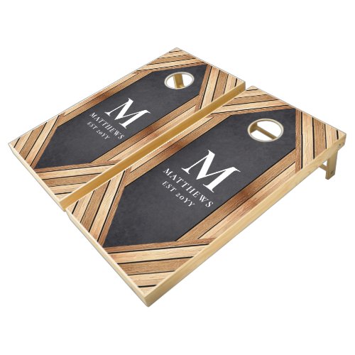 Rustic Wood Personalized Wedding Monogram  Black  Cornhole Set